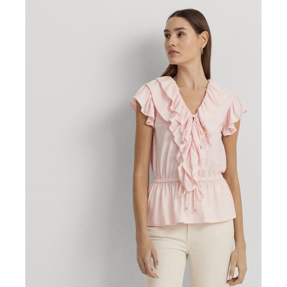 Lauren Ralph Lauren Linen Ruffled Flutter-Sleeve Peplum Top Pink Size L $125